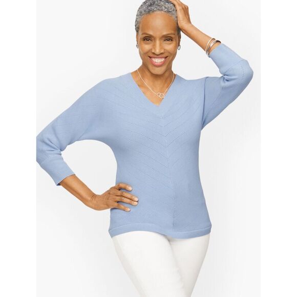 Talbots Petites Cotton Blend V-Neck Chevron Links 3/4 Sleeve Sweater in Black PS - Picture 2 of 10